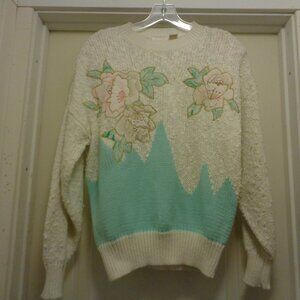 PINUP VINTAGE 1980S GIRL BEADED APPLIQUED SWEATER BY NEEDLES & YARN L